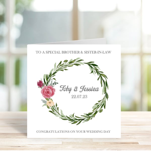 Personalised Brother & Sister In Law Wedding Card, Eucalyptus Wreath Card