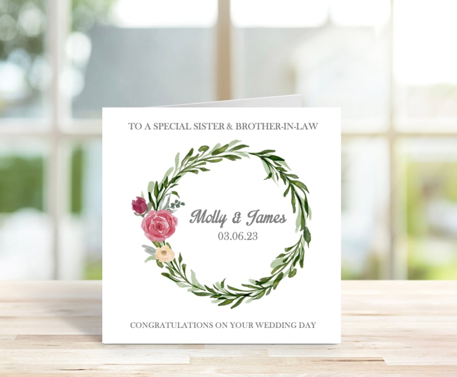 Personalised Sister & Brother In Law Wedding Card, Eucalyptus Wreath Card