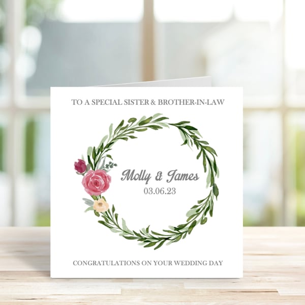 Personalised Sister & Brother In Law Wedding Card, Eucalyptus Wreath Card