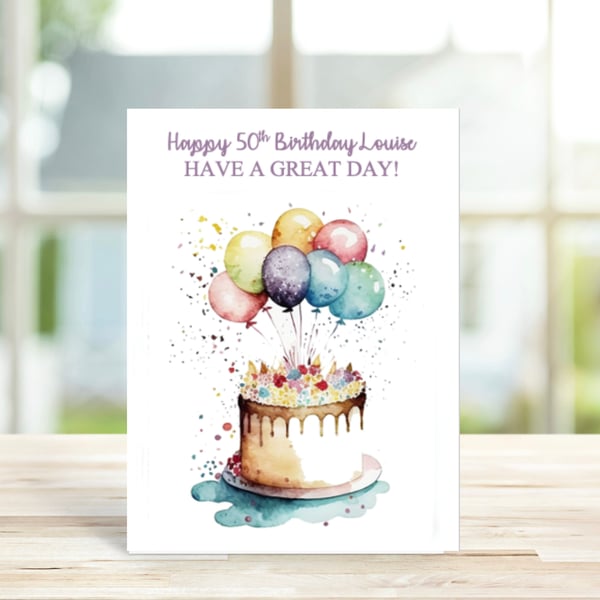 Personalised Birthday Card, Cake and Balloons Birthday Card