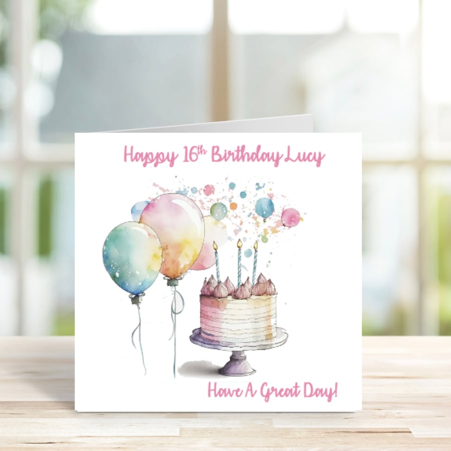 Personalised Birthday Card, Cake and Balloons Birthday Card