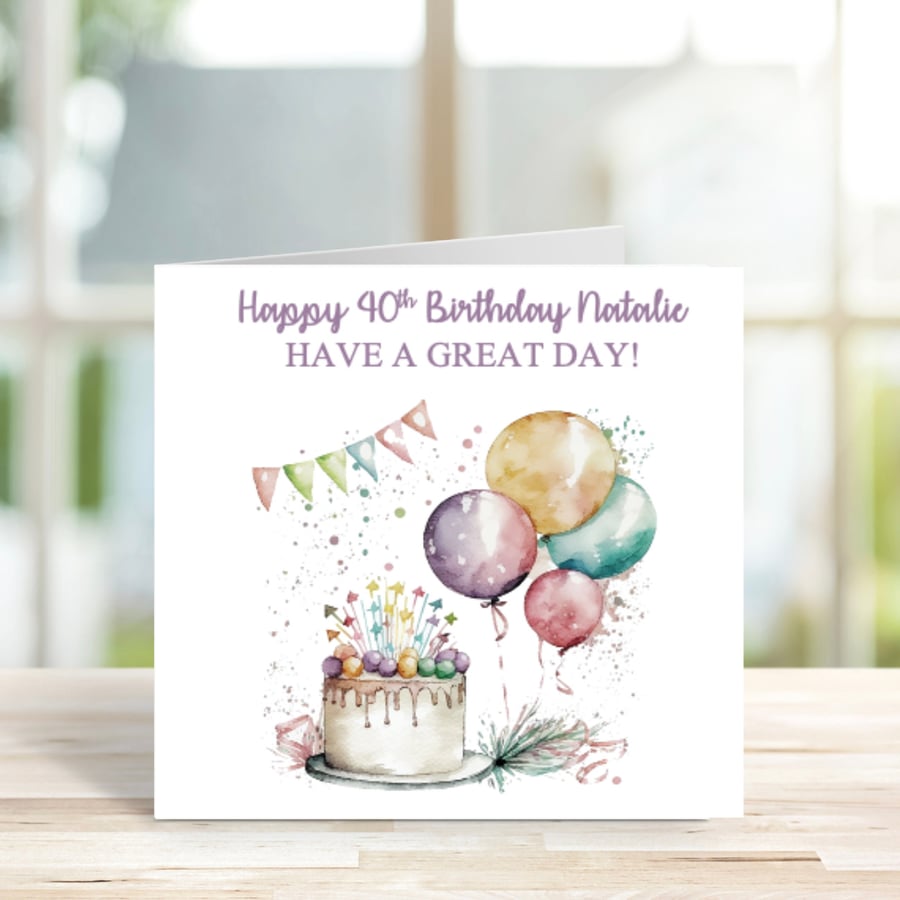 Personalised Birthday Card, Cake and Balloons Birthday Card