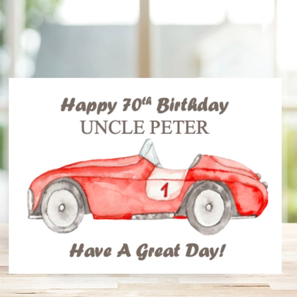 Personalised Retro Racing Car Birthday Card, Red Racing Car Card