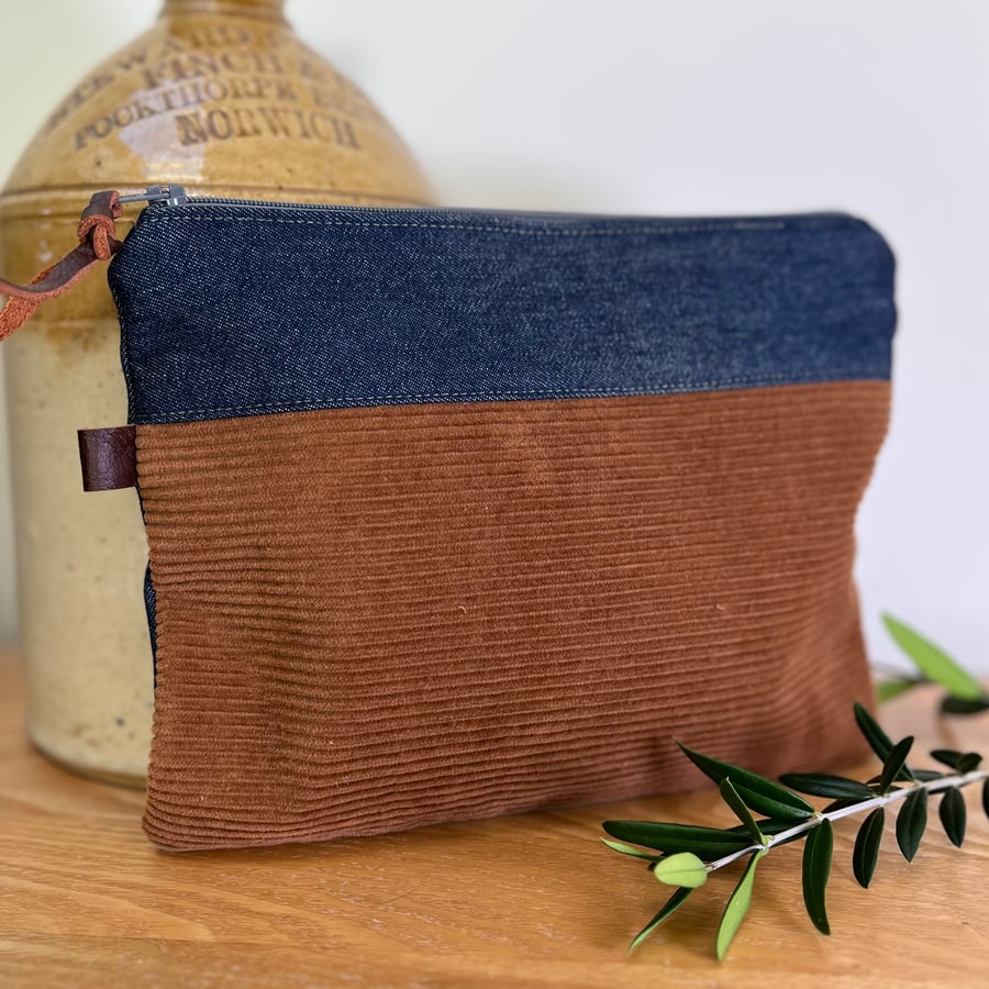 Corduroy and denim zip pouch craft storage makeup