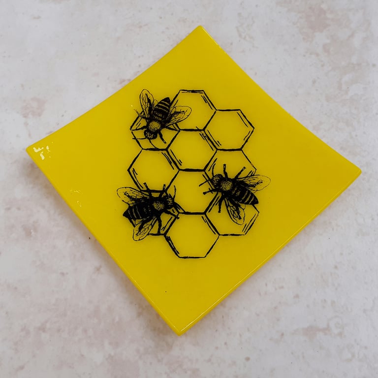 Fused glass trinket dish, bees with honeycomb design