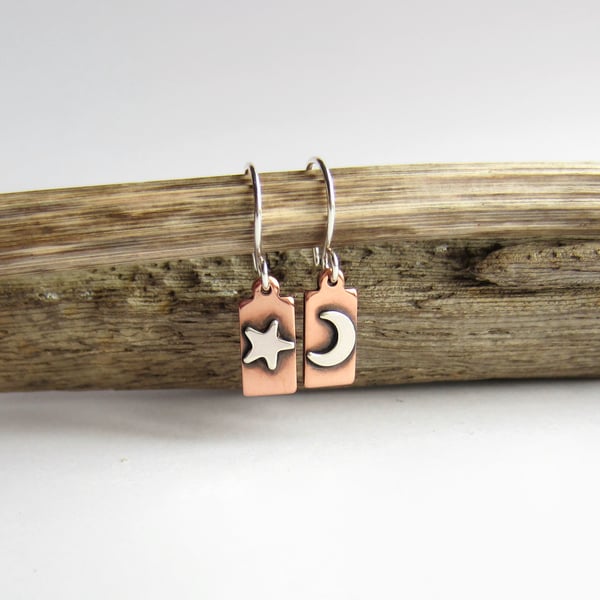 Crescent Moon and Star Drop Earrings - Copper and Sterling Silver