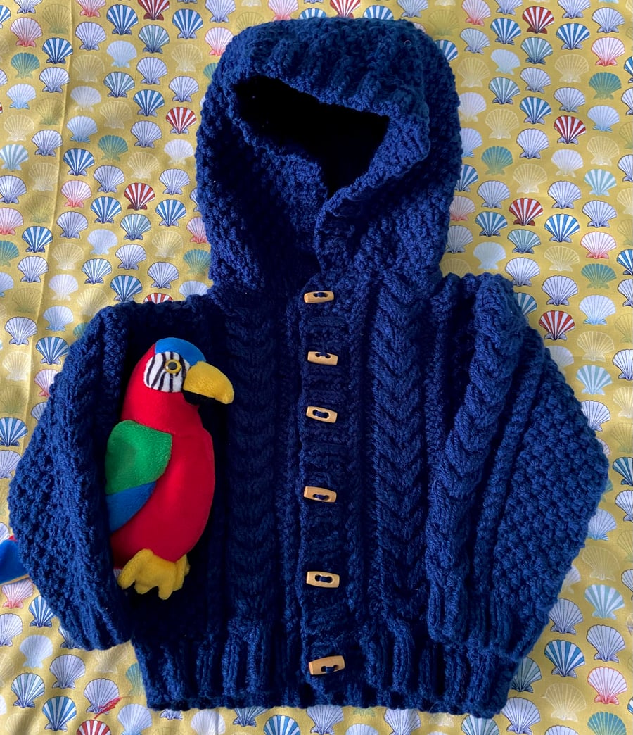 Cosy Navy Blue Aran Hooded Jacket for age 6 to 18 month child