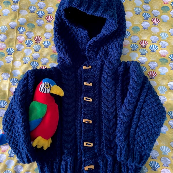 Cosy Navy Blue Aran Hooded Jacket for age 6 to 18 month child
