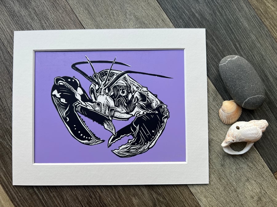 Scottish lobster (lilac, purple) original lino print