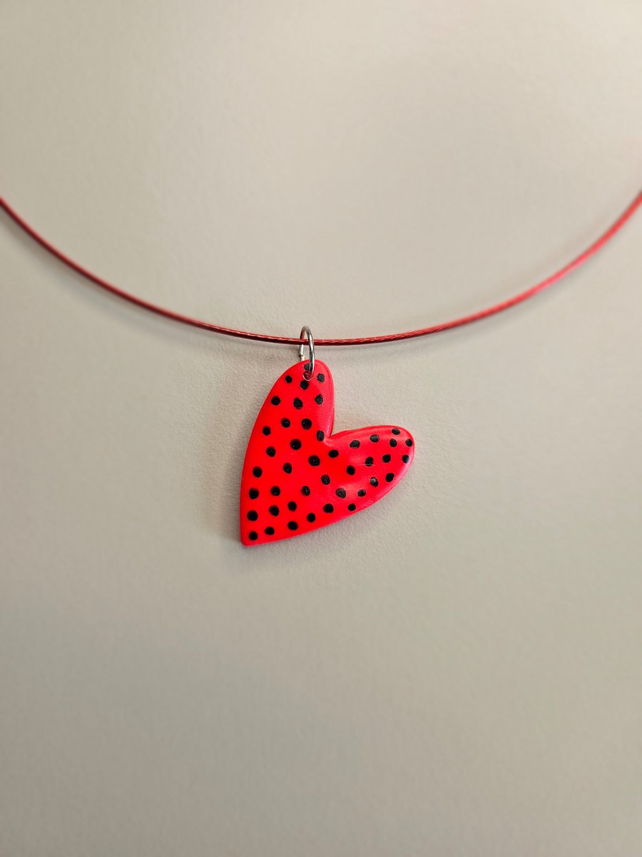 Red Spotty love heart polymer clay pendant chocker