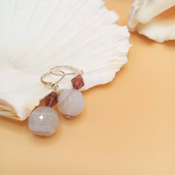 Round Pale Lilac Tinged Agate and Purple Crystal Earrings, Agate Earrings