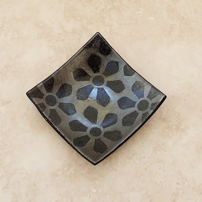 Fused Glass  Decorative Trinket Dish, iridescent black and silver