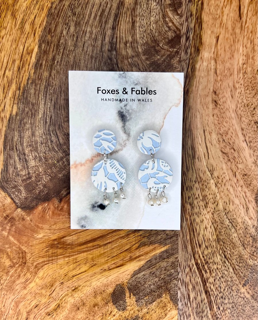 Handmade Lacy Polymer Clay Earrings with Pearls