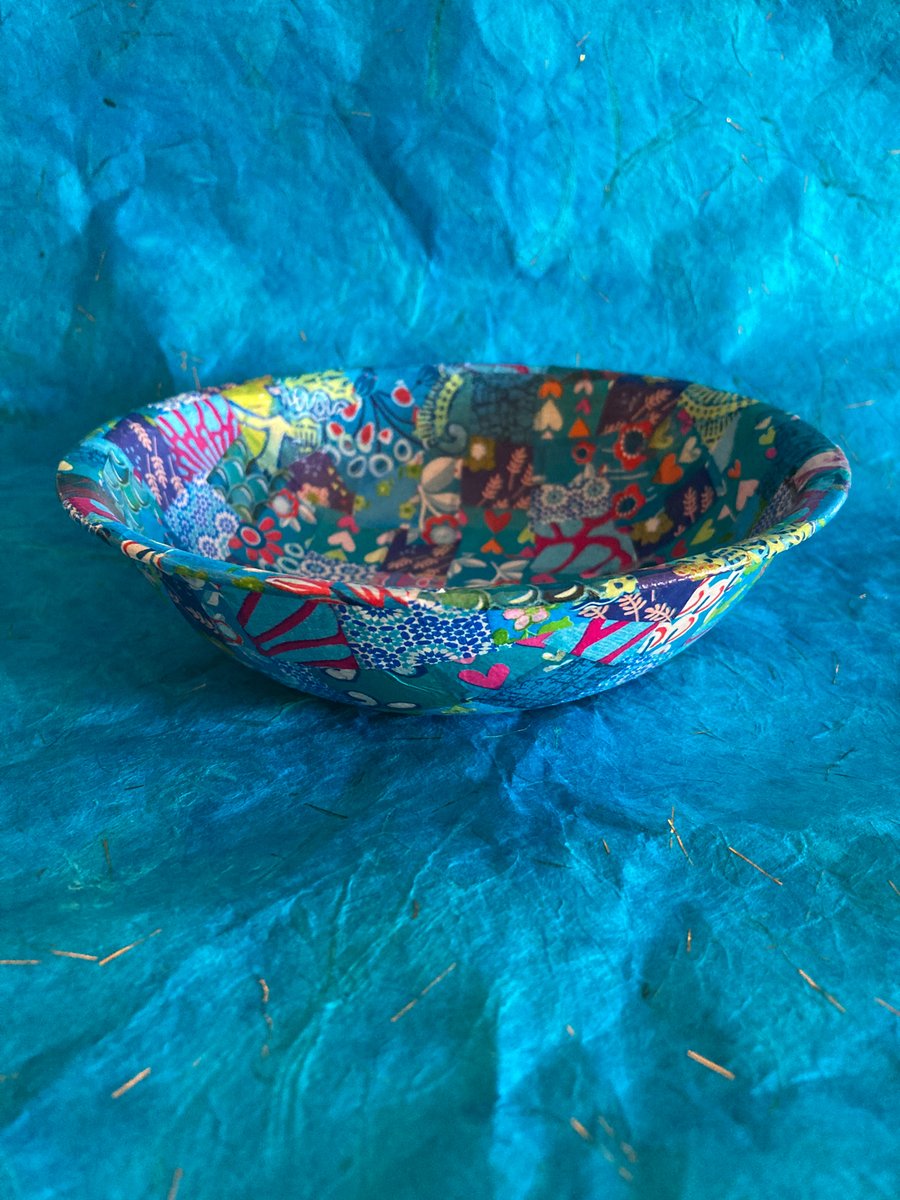 up cycled decopatch in blues bamboo bowl 