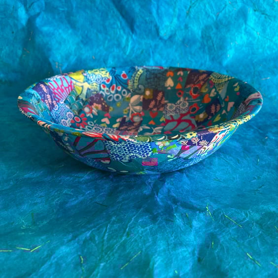 up cycled decopatch in blues bamboo bowl 