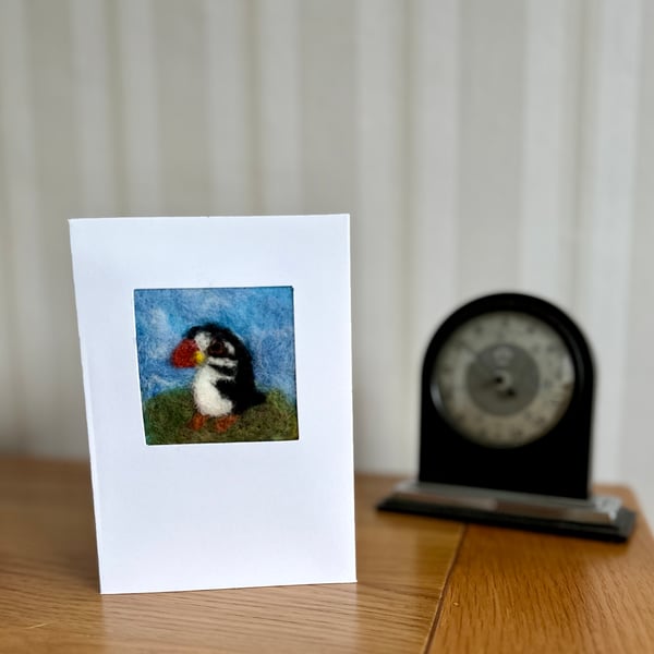 Needlefelted Puffin Greetings Card  for bird & nature  lovers