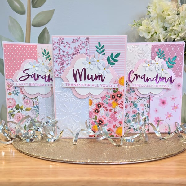 Pink Patchwork Birthday or Thank You Personalised Greetings Card
