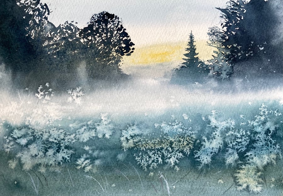 Foggy morning (FULLY MOUNTED 12” x10” Pure Original Watercolour)