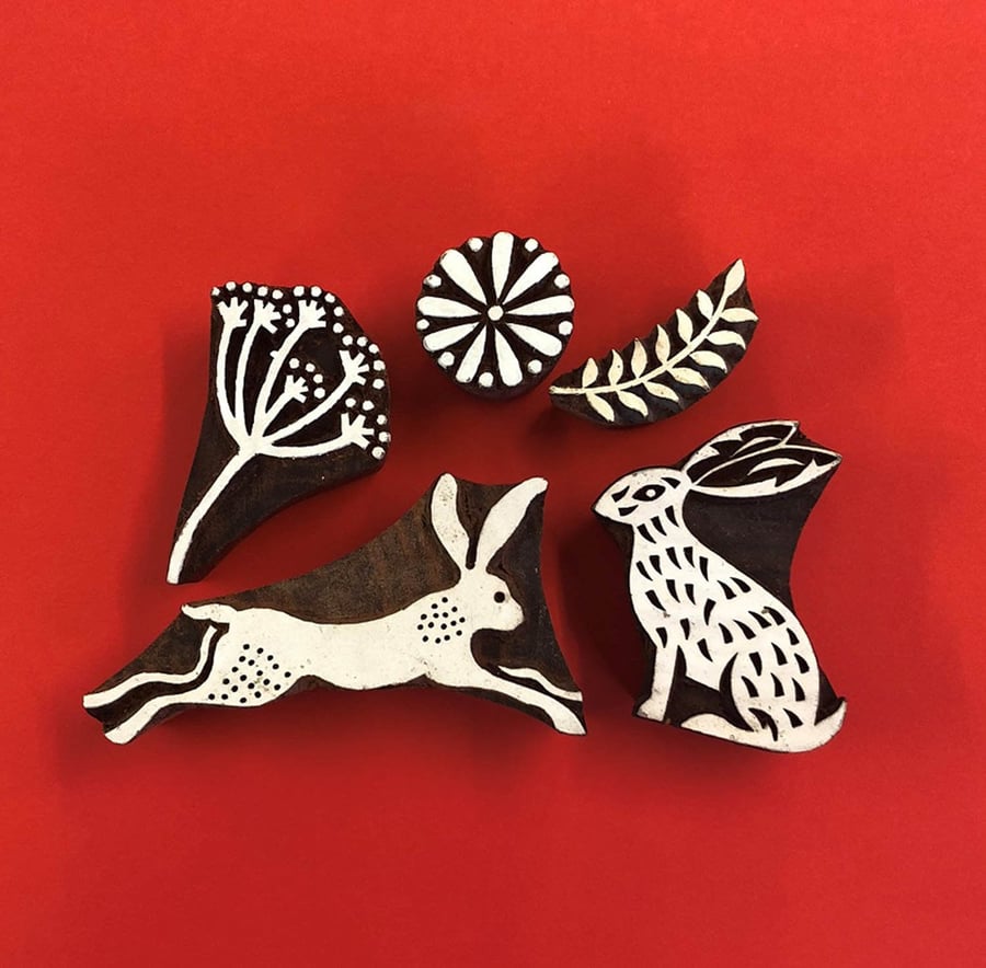 Indian Wooden Block Printing Set- Hares and Seed Heads