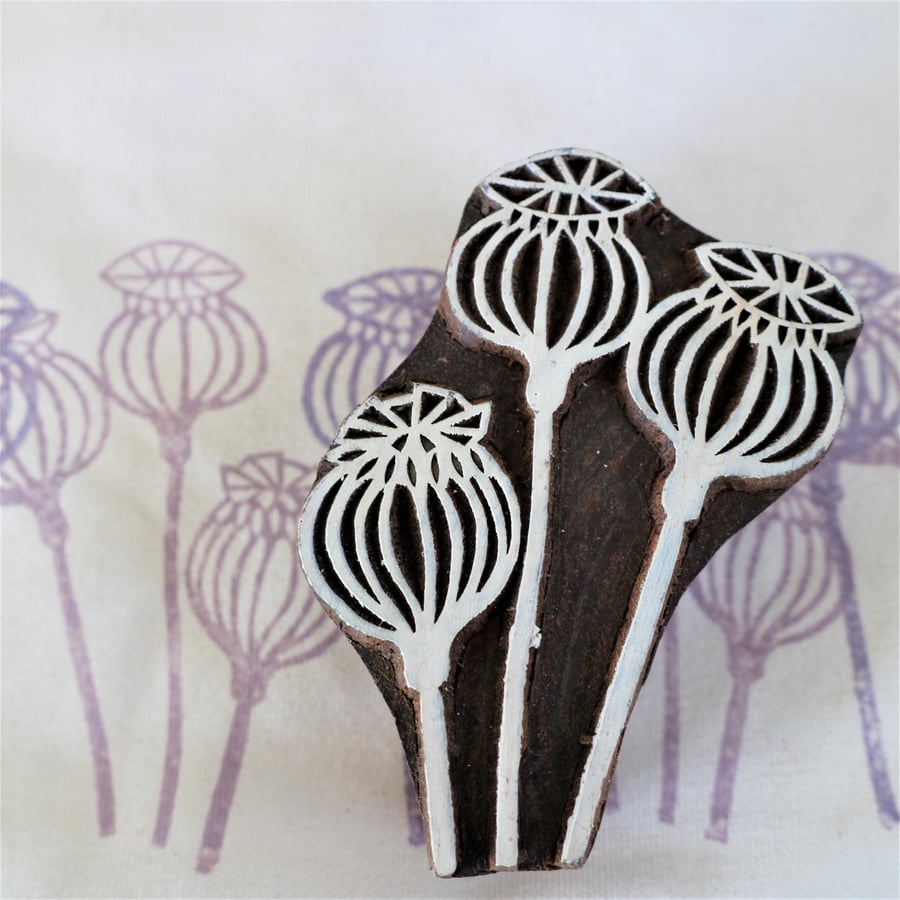 Indian Wooden Printing Block - 3 Poppy Heads