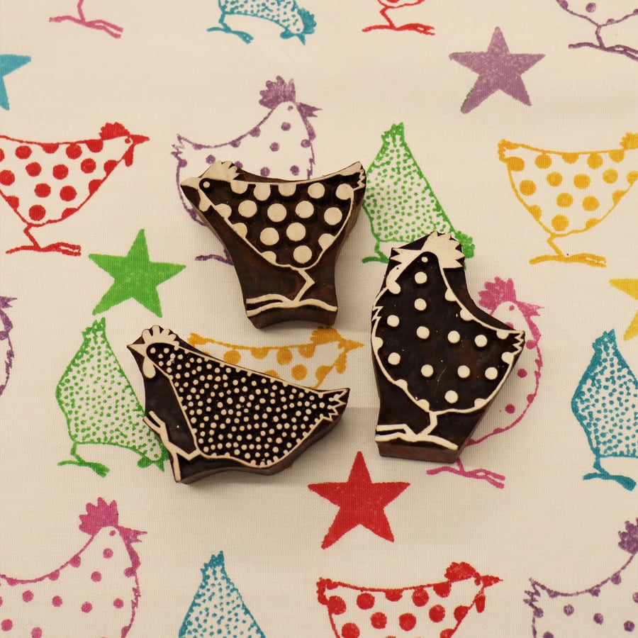 Indian Wooden Printing Block Set - 3 Chickens