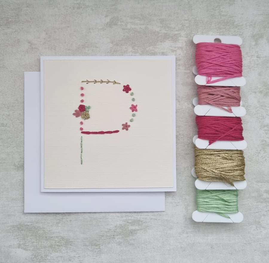 Letter P embroidered card, hand stitched initial card, hand sewn keepsake card
