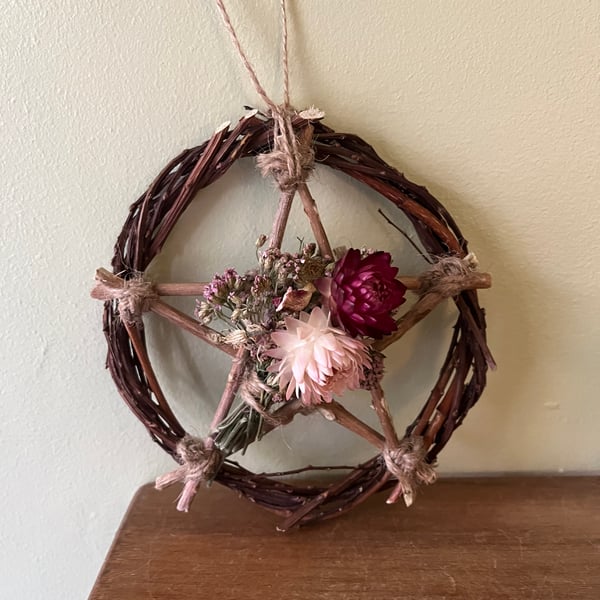 Dried Flower and Foliage Small Pentagram. Handmade. 13cm Diameter.