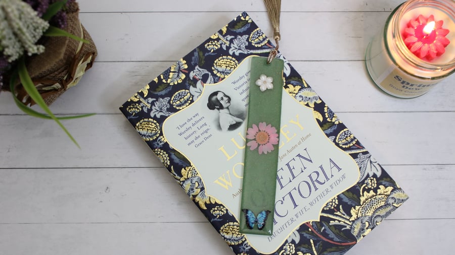 Green Resin Bookmark with Blue butterfly and Flowers