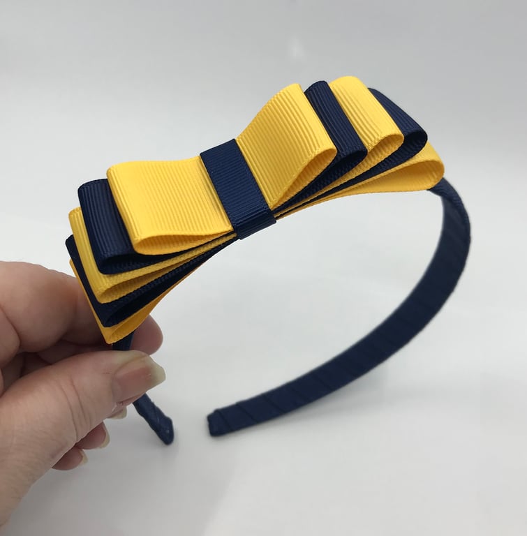 Navy Hairband with 5 Layer Navy and Yellow Gold Two-tone Straight Bow
