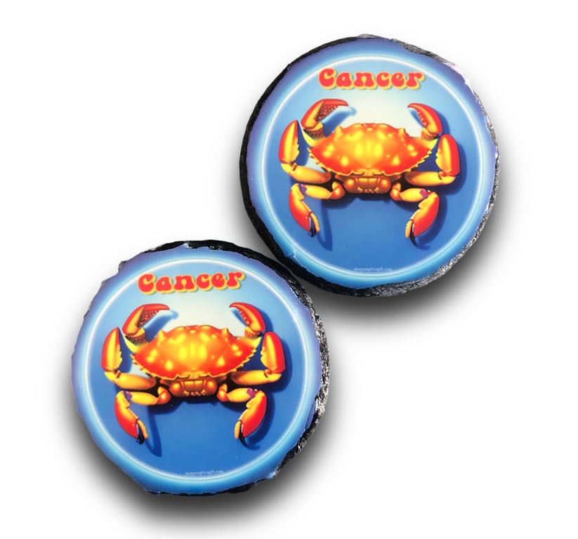 Cancer Star Sign Round Rock Slate Coasters Set Of 2. Birthday Christmas Coaster