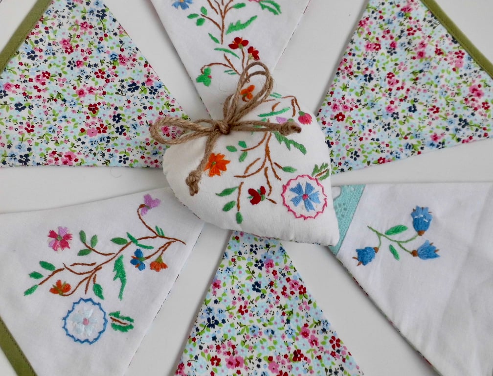 Bunting and heart made using vintage embroidery and floral fabric 