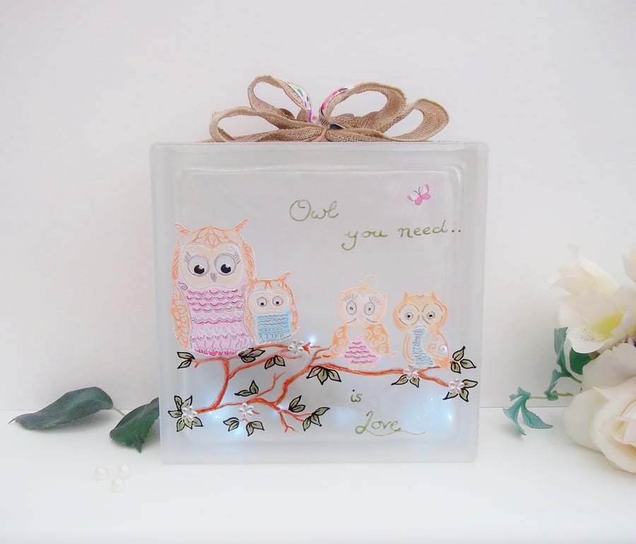 Owl Light, Owl Room Decor, Owl Lighted Glass Block, Owl Ornament