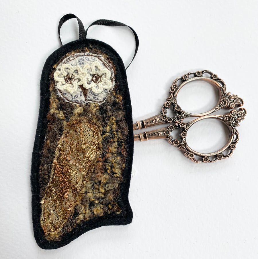 Upcycled embroidered owl home decoration. 