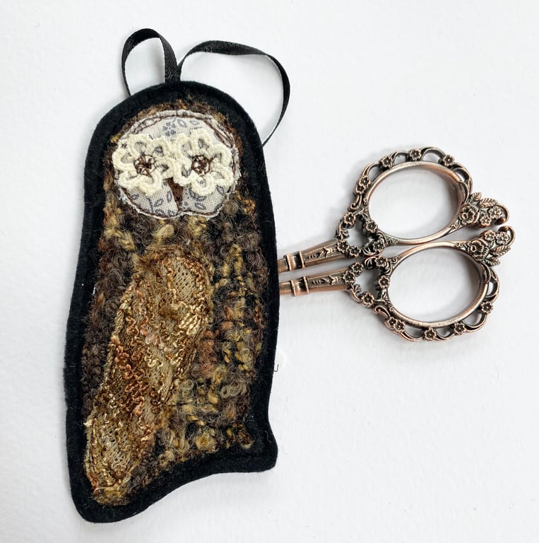 Upcycled embroidered owl home decoration. 