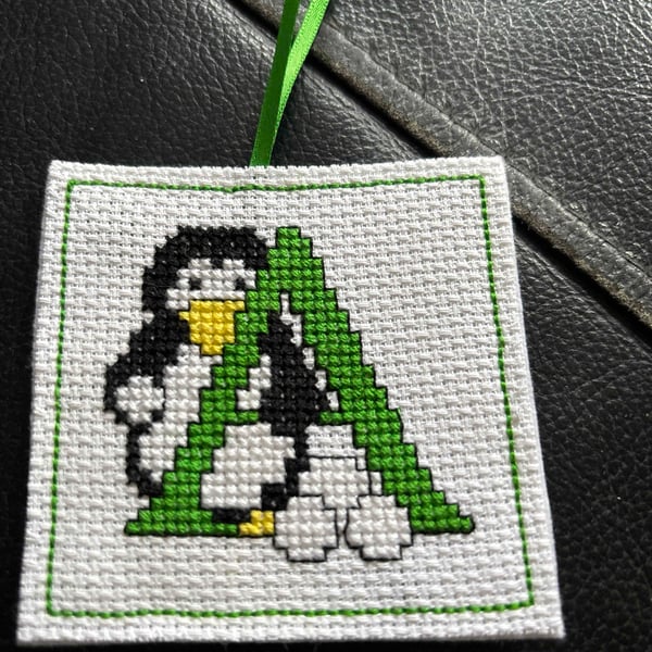 Cross stitched Letter A penguin decoration 