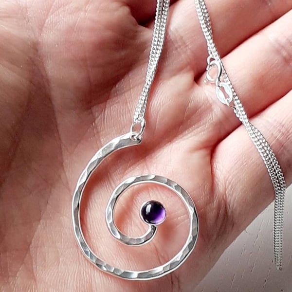 Recycled Sterling Silver Spiral Amethyst pendant, Handmade in Scotland