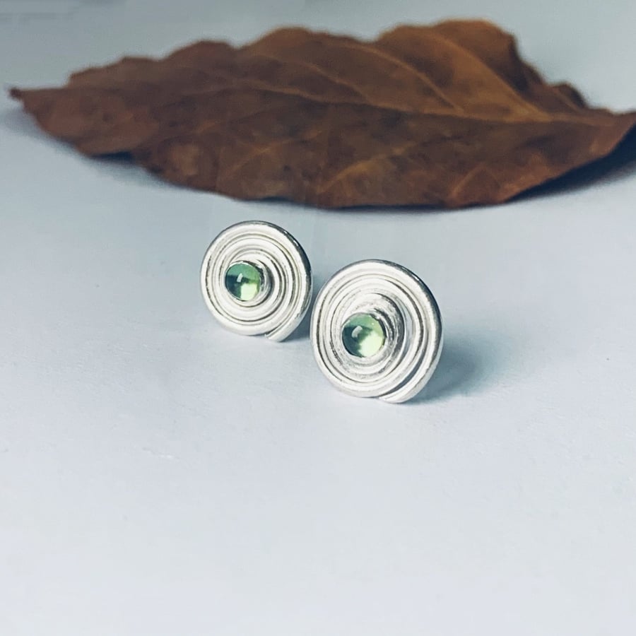 Recycled Sterling Silver Tourmaline Spiral Stud Earrings, Handmade in Scotland