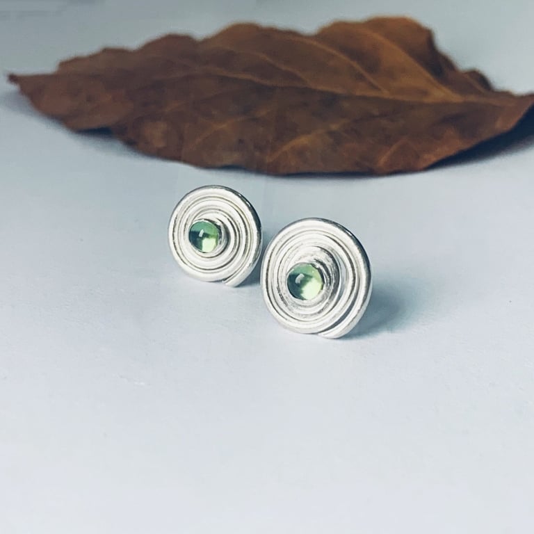 Recycled Sterling Silver Tourmaline Spiral Stud Earrings, Handmade in Scotland