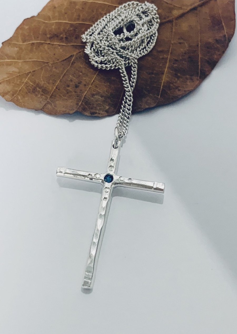 Recycled Sterling Silver Sapphire Cross Pendant 