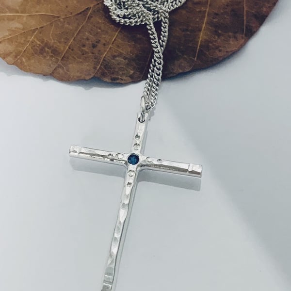 Recycled Sterling Silver Sapphire Cross Pendant 