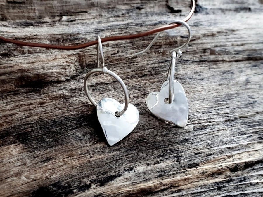 Recycled Sterling Silver handmade Heart Drop Hoop Earrings