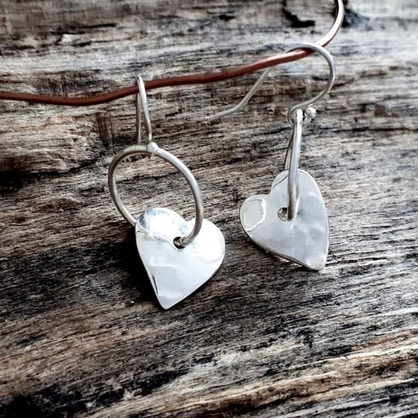 Recycled Sterling Silver handmade Heart Drop Hoop Earrings