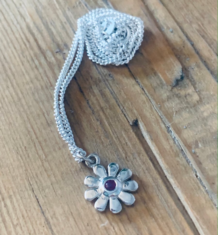 Recycled Handmade Sterling Silver Ruby Flower Pendant