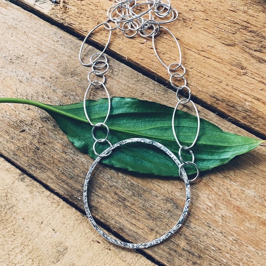 Recycled Sterling Silver Leaf Textured Hoop Necklace