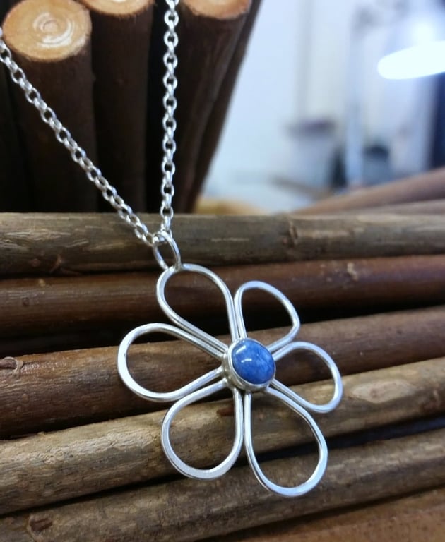 Recycled Handmade Sterling Silver Lapis Lazuli Flower Pendant