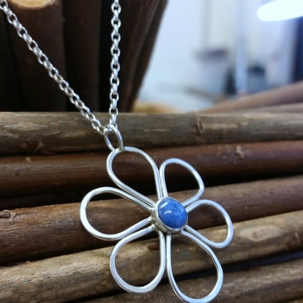 Recycled Handmade Sterling Silver Lapis Lazuli Flower Pendant