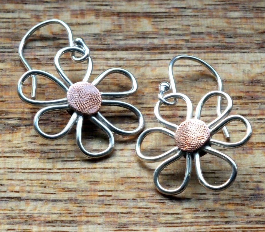 Recycled Handmade Sterling Silver and Copper Flower Drop earrings