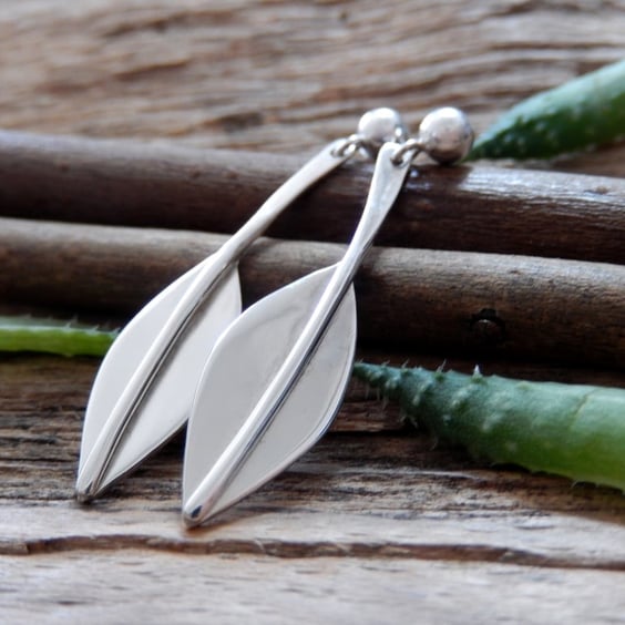 Recycled Sterling Silver handmade Leaf Drop Earrings