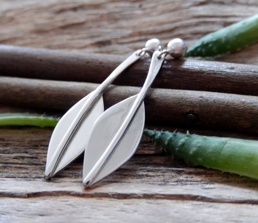 Recycled Sterling Silver handmade Leaf Drop Earrings
