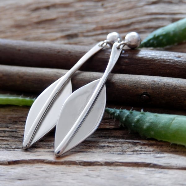 Recycled Sterling Silver handmade Leaf Drop Earrings